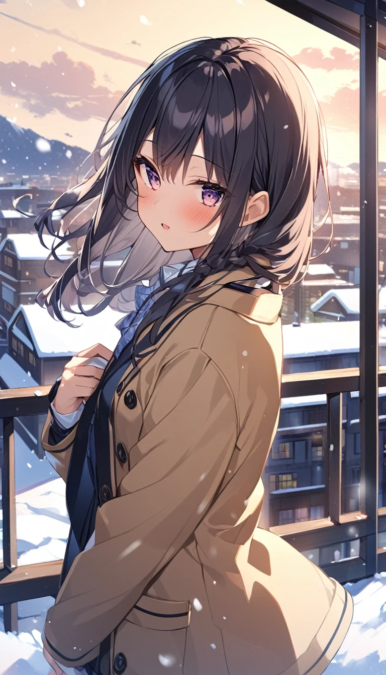 One Woman、beautiful girl、after school、evening、high school girl、School、Back of the school building、winter、Keyaki Tree々、Snow all over、it's snowing、Snowfall、Blazer Uniform、Pleated skirt、Duffle coat、Scarf、Black knee-high socks、Long Hair、Scarfを着用する、Highest quality、Ultra HD、 Black Pantyhose、Thick thighs、Big Ass、Black Hair、Black panties、White Breath、smile