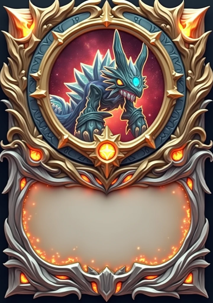 Design a 3D-stylized card frame for a SOLMON card, inspired by the structure and style of a Yu-Gi-Oh! card frame. The frame should be visually striking, with an emphasis on a clean, empty center space where the character artwork will be placed.
Use a layout that features a bold and solid outer border, with sections for the card's title at the top, and a small space at the bottom for text or stats. The border should incorporate intricate designs that evoke the power of the SOLMON universe, using subtle fire, water, earth, or cosmic-themed elements depending on the card's element.
For the frame's color palette, use deep, metallic tones like dark bronze, gold, or silver, with slight glowing effects along the edges to create a sense of depth and dimension. The top and bottom sections of the frame should be detailed but not overwhelming, allowing the focus to remain on the card's center.
Ensure that the center of the card frame remains completely empty, with just a soft gradient or faint design in the background to enhance the character artwork that will be placed within. The overall design should be sleek, powerful, and reminiscent of the classic Yu-Gi-Oh! card style, but with a unique SOLMON twist.