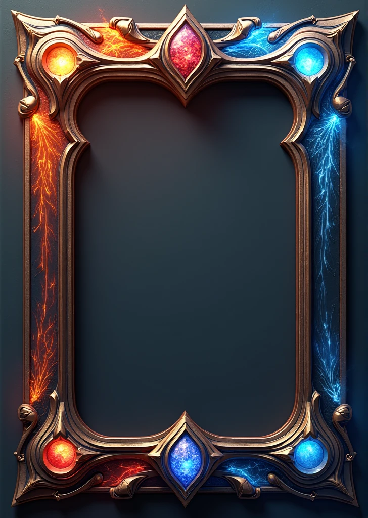 Design a 3D-stylized card frame for a SOLMON card, inspired by the structure and style of a Yu-Gi-Oh! card frame. The frame should be visually striking, with an emphasis on a clean, empty center space where the character artwork will be placed.
Use a layout that features a bold and solid outer border, with sections for the card's title at the top, and a small space at the bottom for text or stats. The border should incorporate intricate designs that evoke the power of the SOLMON universe, using subtle fire, water, earth, or cosmic-themed elements depending on the card's element.
For the frame's color palette, use deep, metallic tones like dark bronze, gold, or silver, with slight glowing effects along the edges to create a sense of depth and dimension. The top and bottom sections of the frame should be detailed but not overwhelming, allowing the focus to remain on the card's center.
Ensure that the center of the card frame remains completely empty, with just a soft gradient or faint design in the background to enhance the character artwork that will be placed within. The overall design should be sleek, powerful, and reminiscent of the classic Yu-Gi-Oh! card style, but with a unique SOLMON twist.