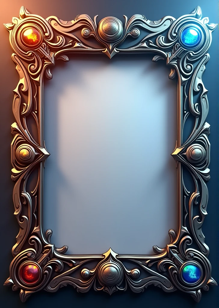 Design a 3D-stylized card frame for a SOLMON card, inspired by the structure and style of a Yu-Gi-Oh! card frame. The frame should be visually striking, with an emphasis on a clean, empty center space where the character artwork will be placed.
Use a layout that features a bold and solid outer border, with sections for the card's title at the top, and a small space at the bottom for text or stats. The border should incorporate intricate designs that evoke the power of the SOLMON universe, using subtle fire, water, earth, or cosmic-themed elements depending on the card's element.
For the frame's color palette, use deep, metallic tones like dark bronze, gold, or silver, with slight glowing effects along the edges to create a sense of depth and dimension. The top and bottom sections of the frame should be detailed but not overwhelming, allowing the focus to remain on the card's center.
Ensure that the center of the card frame remains completely empty, with just a soft gradient or faint design in the background to enhance the character artwork that will be placed within. The overall design should be sleek, powerful, and reminiscent of the classic Yu-Gi-Oh! card style, but with a unique SOLMON twist.
