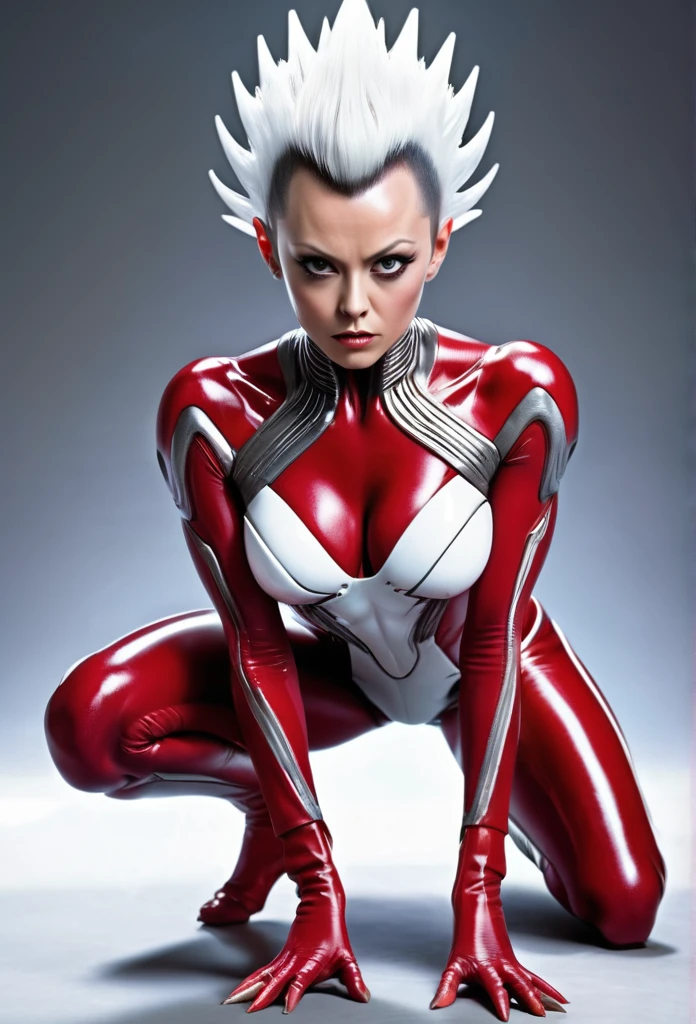 An alien with a crimson body and white lines、Silver Mohawk、Women's Ultra Seven、Sexy pose、Crouching with legs apart、chest, High resolution,