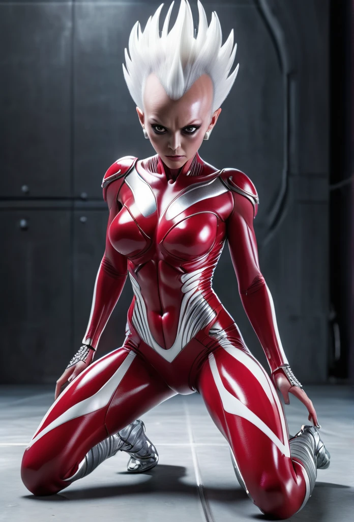 An alien with a crimson body and white lines、Silver Mohawk､Women's Ultra Seven、Sexy pose、Crouching with legs apart、chest, High resolution, 