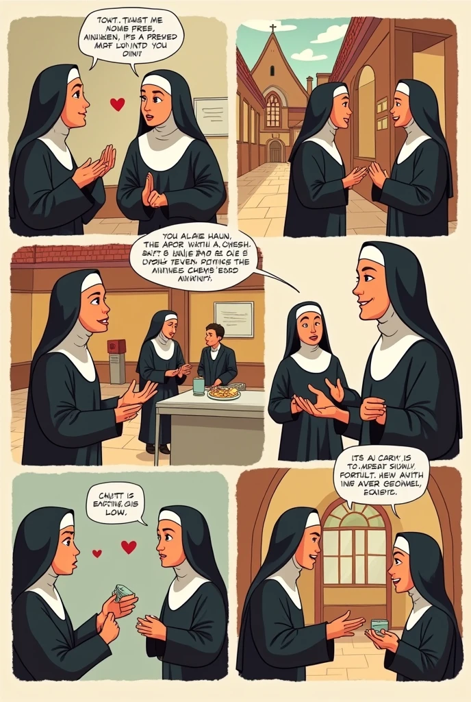 comic strip where in several boxes they present situations in which there is a priest and a nun. helping the sick and creating a community of sisters who help others
