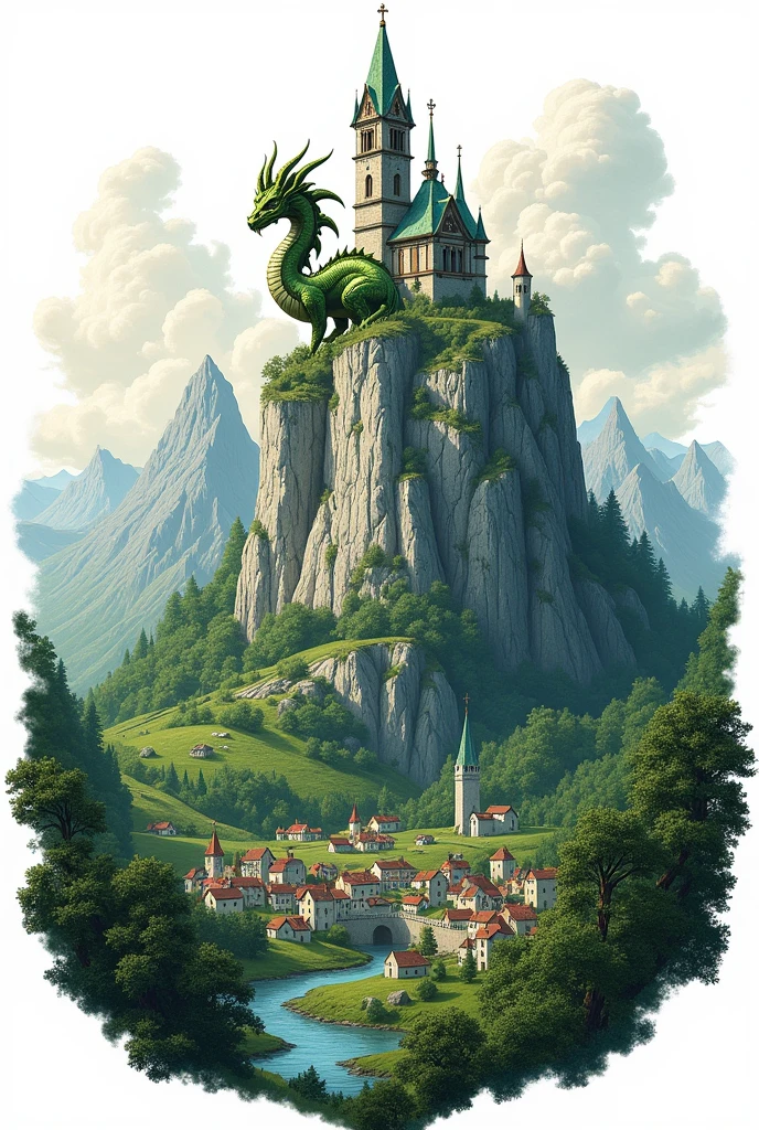 Create me a coat of arms with a small chapel on top of a mountain and a small dragon with green and white colors and a village in the foreground and no other background