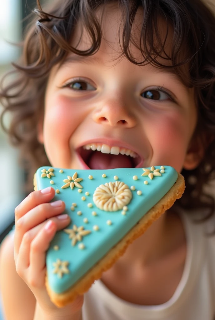 Image of a happy person eating a pastel blue triangle-shaped cookie with ground quinoa and decorated with nuts