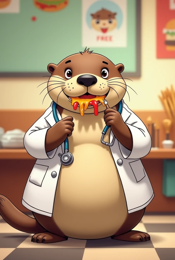 Fat otter 2d animation for children dressed as a dirty nutritionist doctor with oil eating junk food for image use in fast food restaurant