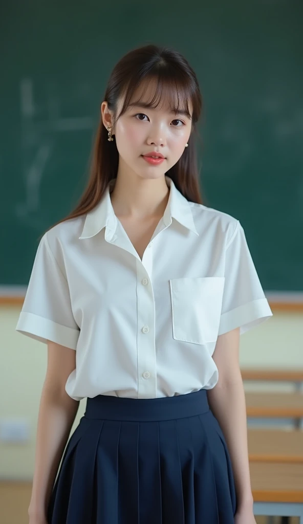 (Highest quality、Tabletop、8k、Best image quality、Award-winning works)、(Beautiful 18 year old school girl:1.1)、(White polyester collared shirt:1.1)、(Navy Pleated Skirt:1.1)、(Large Breasts:1.3)、(Accentuate your body lines:1.1)、(Voluptuous body:1.2)、Portrait of、Glowing Skin、Standing Elegantly、(Perfectly blurred school classroom background:1.1)、(Classroom large blackboard background:1.2)、Jealous look、(Face close-up:1.1)
