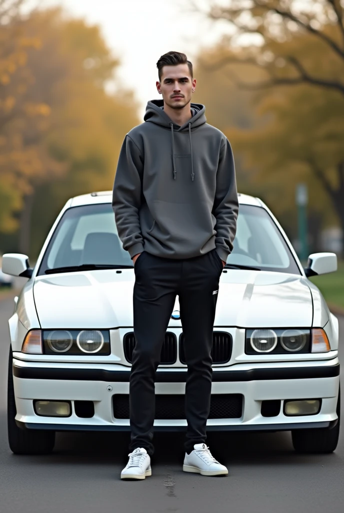 white e36 bmw with a man in front of the hood. the photo is taking remotely