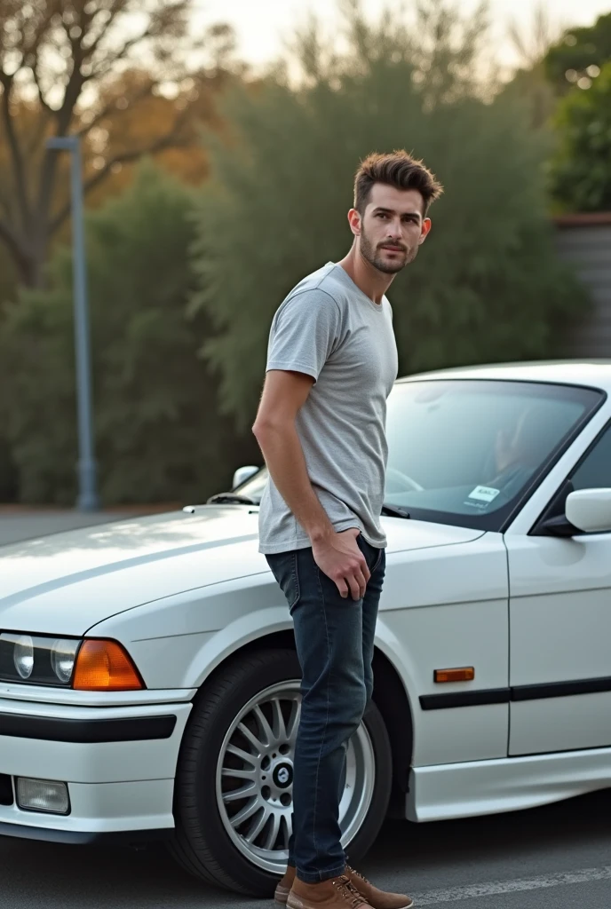 a model, wearing a black insider t-shirt and white pants and white sneakers, posing in front of a BMW sedan, masculine face, face with a defined jaw and wide chin, full and well-groomed beard. 4k, realistic, cinematic