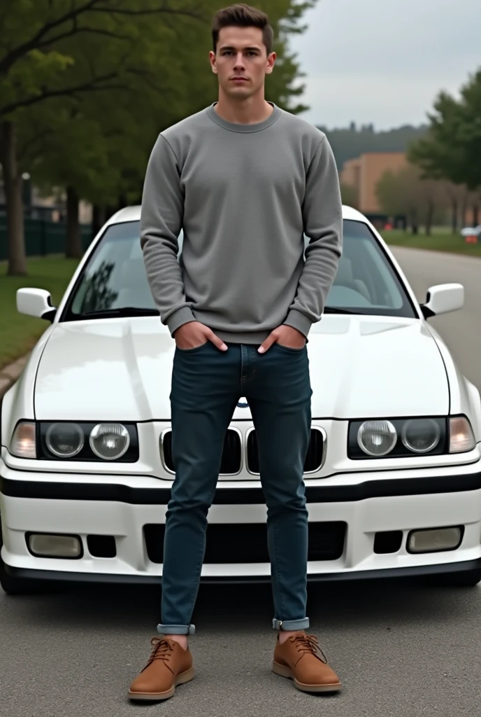 white e36 bmw with a man in front of the hood. the photo is taking remotely