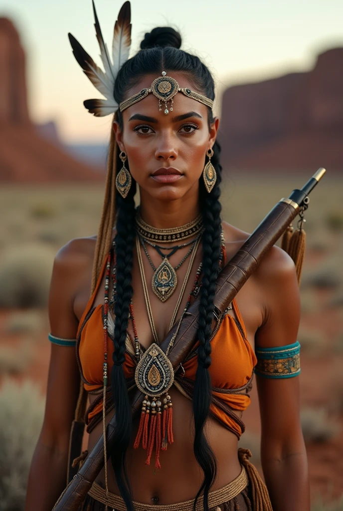 Portrait of Marie Agropolous as Pocahontas, Young beautiful Native American woman, Perfectly symmetrical face, Aboriginal feather jewelry, Traditional handmade clothing, Armed female hunter warrior, (((The Wild West))) environment, Utah Landscape, surreal, Concept Art, elegant, ((Complex)), ((Very detailed)), Depth of Field, ((Professional color grading)), Soft environment lighting, dusk, 8k, Art work：artgerm、greg rutkowski 和 alphonse mucha