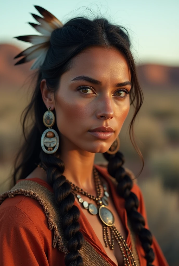 Portrait of Marie Agropolous as Pocahontas, Young beautiful Native American woman, Perfectly symmetrical face, Aboriginal feather jewelry, Traditional handmade clothing, Armed female hunter warrior, (((The Wild West))) environment, Utah Landscape, surreal, Concept Art, elegant, ((Complex)), ((Very detailed)), Depth of Field, ((Professional color grading)), Soft environment lighting, dusk, 8k, Art work：artgerm、greg rutkowski 和 alphonse mucha