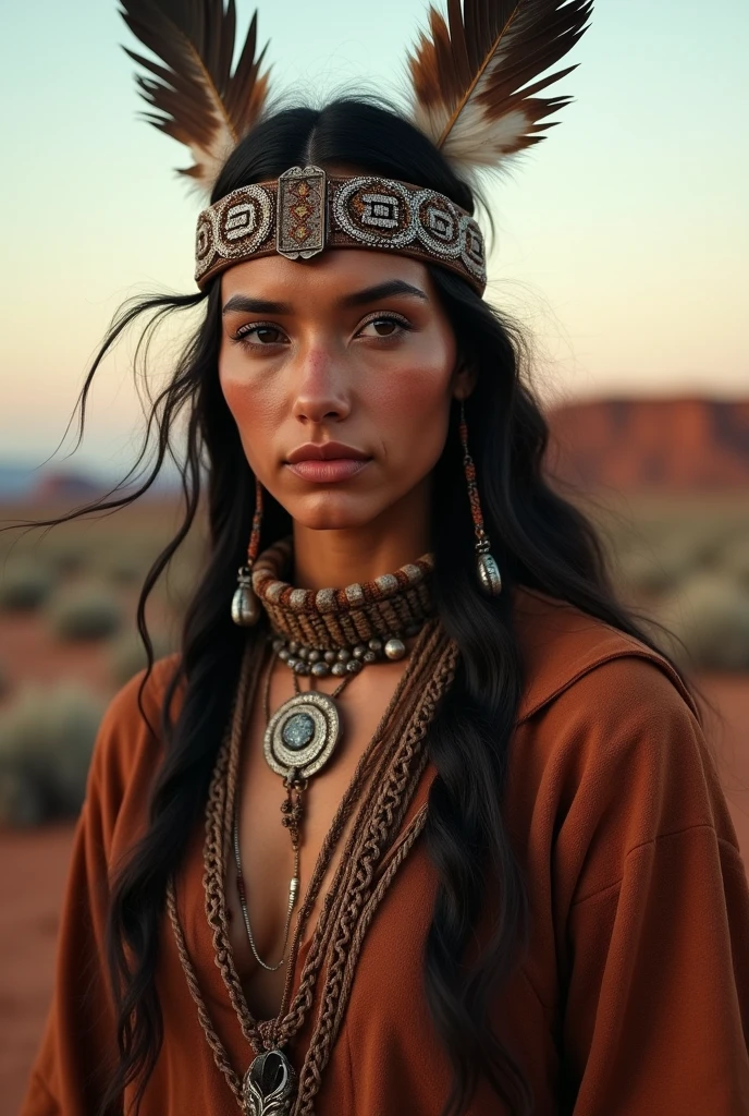 Portrait of Marie Agropolous as Pocahontas, Young beautiful Native American woman, Perfectly symmetrical face, Aboriginal feather jewelry, Traditional handmade clothing, Armed female hunter warrior, (((The Wild West))) environment, Utah Landscape, surreal, Concept Art, elegant, ((Complex)), ((Very detailed)), Depth of Field, ((Professional color grading)), Soft environment lighting, dusk, 8k, Art work:artgerm、greg rutkowski 和 alphonse mucha