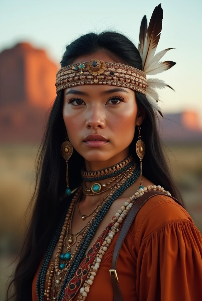 Portrait of Marie Agropolous as Pocahontas, Young beautiful Native American woman, Perfectly symmetrical face, Aboriginal feather jewelry, Traditional handmade clothing, Armed female hunter warrior, (((The Wild West))) environment, Utah Landscape, surreal, Concept Art, elegant, ((Complex)), ((Very detailed)), Depth of Field, ((Professional color grading)), Soft environment lighting, dusk, 8k, Art work:artgerm、greg rutkowski 和 alphonse mucha