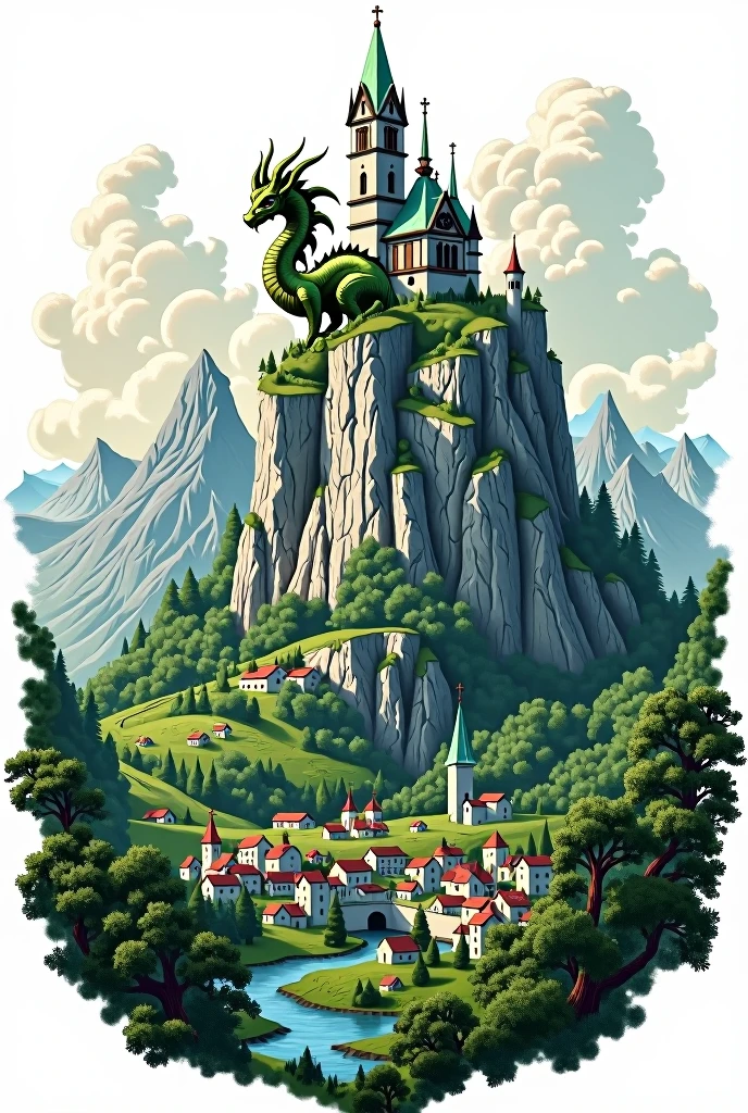Create me a coat of arms with a small chapel on top of a mountain and a small dragon with green and white colors and a village in the foreground and no other background