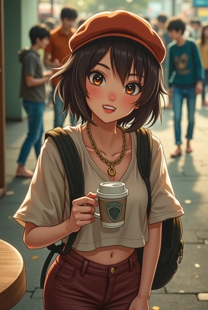 Show me a women which is wearing a blue low rised jeans, she is wearing a cropped top and a belly chain, she is barefoot aswell, the foto realistic picture takes place in a coffee place, she is surrounded by other people, a lot of cute looking people. She is 1 has dark brown short hair and an round cute face, is standing barefoot, full body seen