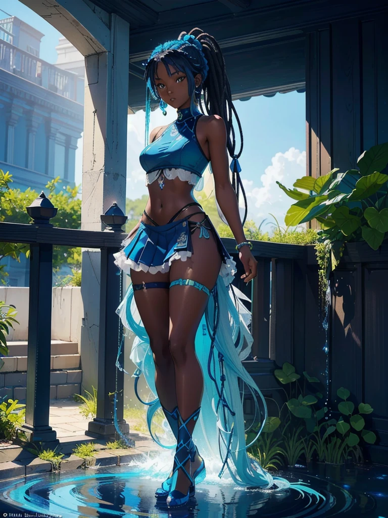 ((best quality)), ((4k)), ((highres)), ((masterpiece:1.2)). ((detailed)), ((ultra realistic)), ((intricate details)), ((full body picture)), ((character design sheet)), ((blank background)), a full body picture of a beautifull ebony female, young black woman, african princess, african model, perfect face, gorgeous face, detailed eyes, detailed lips, ((vivid blue eyes)), about 1, about 5'5 ft. tall, long thin dreadlocks, ((emphasis on her long thin dreadlocks)), dreadlock beads ((emphasis on her dreadlock beads)), athletic body, dressed in a sleeveless blue tank top and a floaty blue ruffle mini skirt ((emphasis on her sleeveless blue tank top and a floaty blue ruffle mini skirt)), midriff, dark blue and light blue outfit, ((emphasis on dark blue and light blue outfit)), multi-colored outfit, ((emphasis on multi-colored outfit)), multiple shades of blue dress, ((emphasis on her multiple shades of blue dress)), turquoise outfit, blue boots, princess, african sea goddess character concept, superhero character, superhero concept art, superhero character concept art, full body, full body concept art, full body art, splashes of water in the background