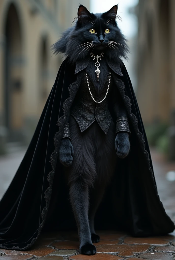 Gothic Glamour: A long-haired black cat dressed in a flowing black velvet cloak with intricate lace details, accessorized with silver chains and a choker. The cat walks with a mysterious, powerful aura, its fur blending seamlessly with the dark outfit.