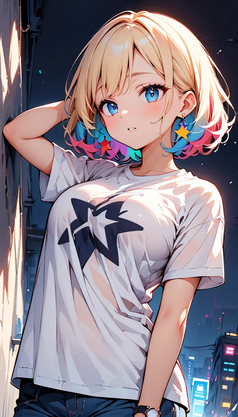 (high quality, 8k, 4K, High Contrast, masterpiece:1.2, 最high quality, Best aesthetics), (Dynamic Angle), ((1 female teen)), ((Plain and bright background)), ((Flat Color)),(Plain white T-shirt on the upper body), (jeans), Looking at the audience, Upper Body, Transparent Background, Sleepy eyes, High Contrast, Contrasting colors, Medium Full Shot, Pale pink and blue lighting, ((Short Hair)) , Rainbow Hair, Small star-shaped earrings in both ears, watch, bright eyeshadow, Cool look, Big Tits, Wet T-shirt, Her black camisole is visible through her T-shirt