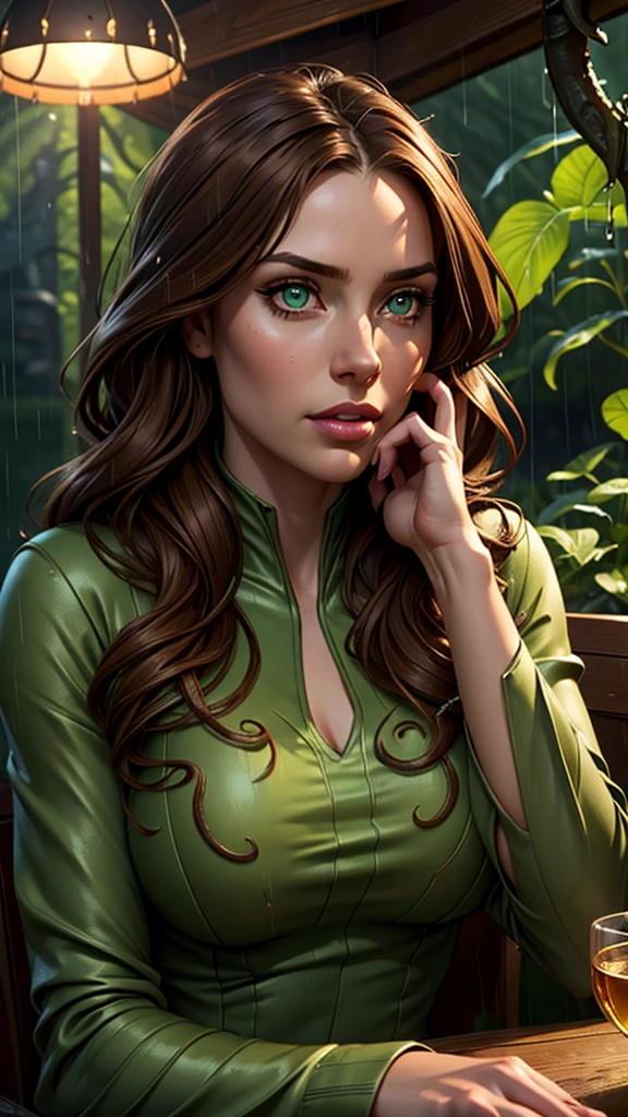 a girl with long brown hair, beautiful detailed eyes, beautiful detailed lips, extremely detailed face, lush green garden, alien with large eyes and tentacles, sitting at a table, drinking tea, cold rainy afternoon, moody lighting, cinematic composition, highly detailed, photorealistic, 8k, masterpiece, concept art, fantasy, surreal