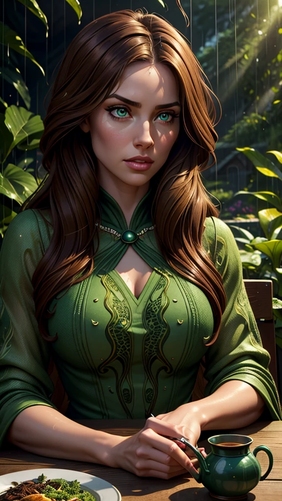 a girl with long brown hair, beautiful detailed eyes, beautiful detailed lips, extremely detailed face, lush green garden, alien with large eyes and tentacles, sitting at a table, drinking tea, cold rainy afternoon, moody lighting, cinematic composition, highly detailed, photorealistic, 8k, masterpiece, concept art, fantasy, surreal