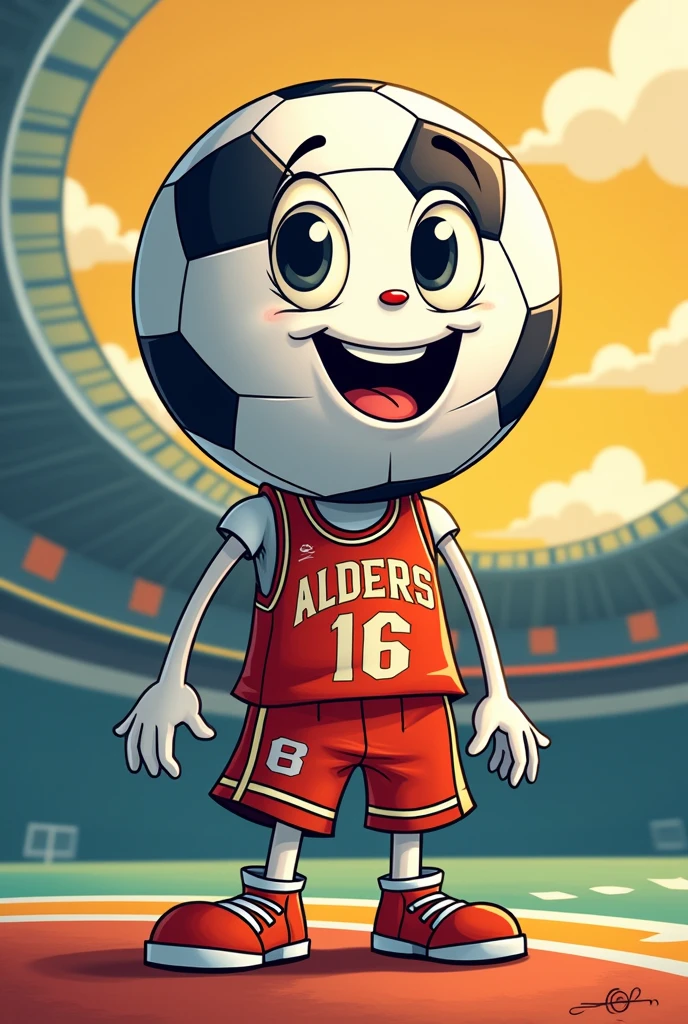 Drawing of a soccer ball wearing a basketball shirt in a cartoon style
