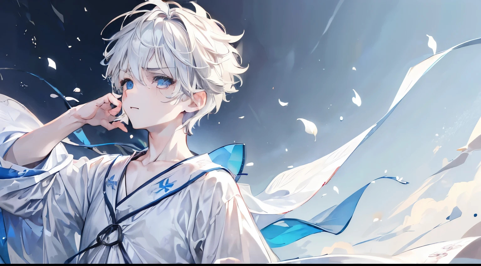 ((((((One Boy))))))))),tears,miserable white skin,bloodless skin, very long gray hair, fluttering white hair,Soaking wet hair, light blue eyes,grin,Ridicule,(((Troubled eyebrows)))licking finger,Collar,Black Chain,,Conservative light blue Hanfu,petals falling,Soaked and unclothed swords are scattered in all directions.,Create mottled shadows, Her hair flutters in the breeze, a mocking look appeared on his face(Best Quality,4K,8K,hight resolution,masutepiece:1.2), Ultra-detailed, (Realistic,Photorealsiticです,Photorealsitic:1.37), nffsw, hyper HD, Studio Lighting, Ultra-fine painting, Sharp Focus, Physically-based rendering, extreme detail description,
