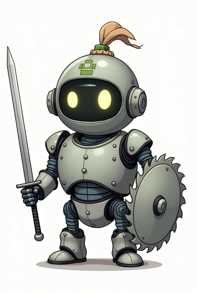 I want to make an industrial robot that wears a small cloth hat on its head.. A cartoon-style illustration of a Q version character, a knight in Western armor 。The knight has a small green mark on his forehead.「OKC」He is wearing a round helmet with a logo on it.。 The helmet has a green decoration on the head.。No sun visor required on helmet。Armor without visor is metallic silver、In one hand the knight holds a thin saber with a silver handle and a drill-like tip.。on the other hand、The knight carries a circular shield resembling a saw blade.。It has large, expressive, fierce eyes that can be seen through the visor of its helmet.。Please create the photo in full frontal view with a white background.。