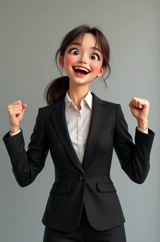 A girl with a ponytail in a black suit is ecstatic
