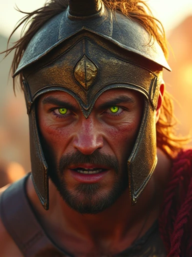 (battle and Spartans:1.2) (Messy brown hair:1.1) (Heterochromia xanthochromia and green eyes:1.2) (Spartans Helmet:1.0) (Colored blood in the eyes:1.0) (A radiant glow:1.1) (thick lips:0.9)