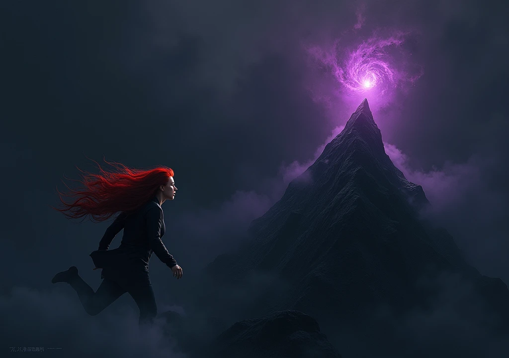 red-haired woman, and falling to the top of a mountain in the darkness everything black,heading towards the purple portal