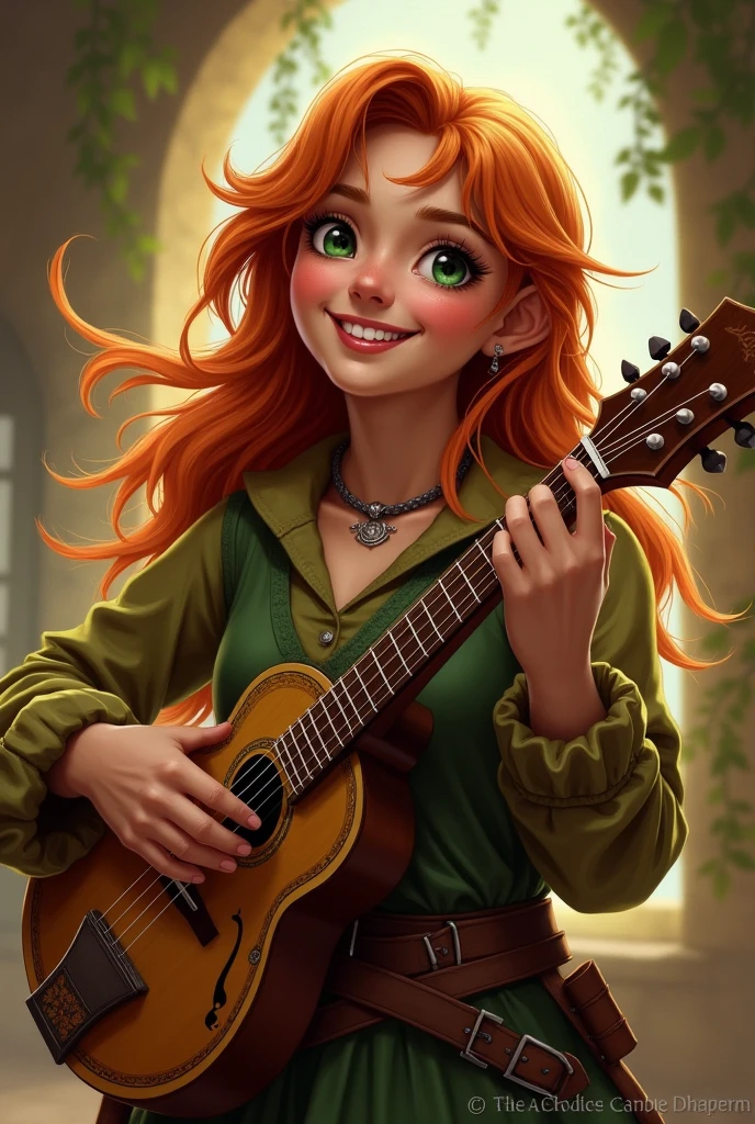 a DND character, a female bard gnome, with green eyes, olive skin and dark ginger hair, she looks cheerful, holding a mandolin. she has 5 fingers in both hands