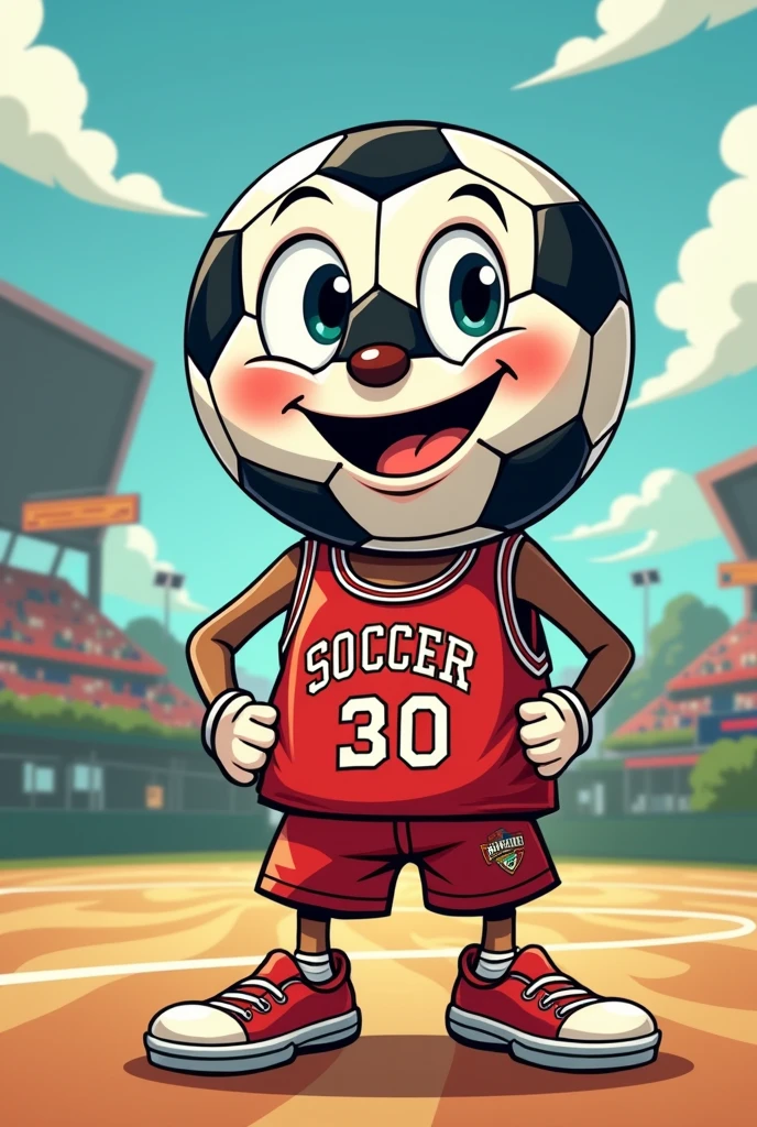 Drawing of a soccer ball wearing a basketball shirt in a cartoon style
