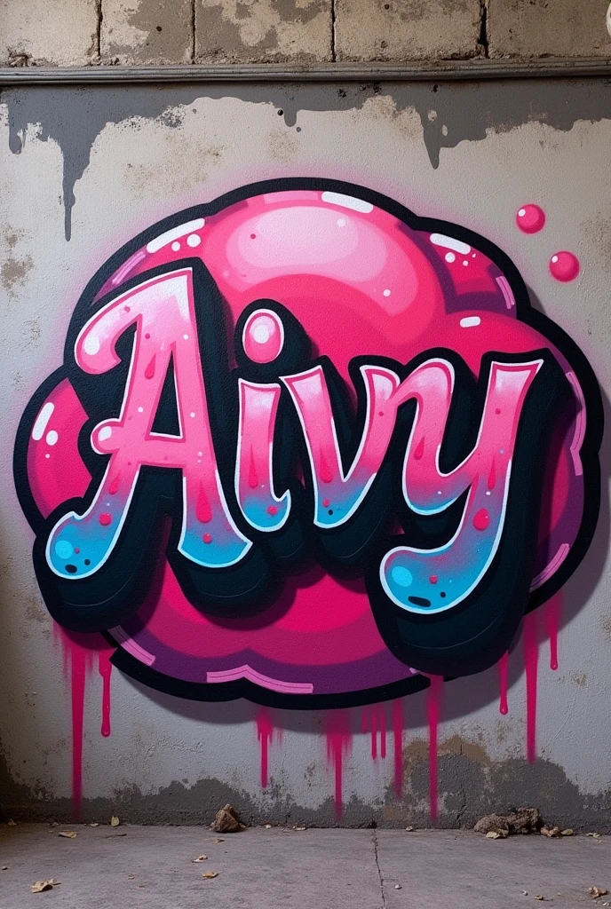 Photo detaillee mur realiste avec graffity lettrage bulle qui fusionne en degrade de rose contour exterieur noir contour lumiere interieur blanc avec le nom “aivy”
Peinture a la bombe realiste