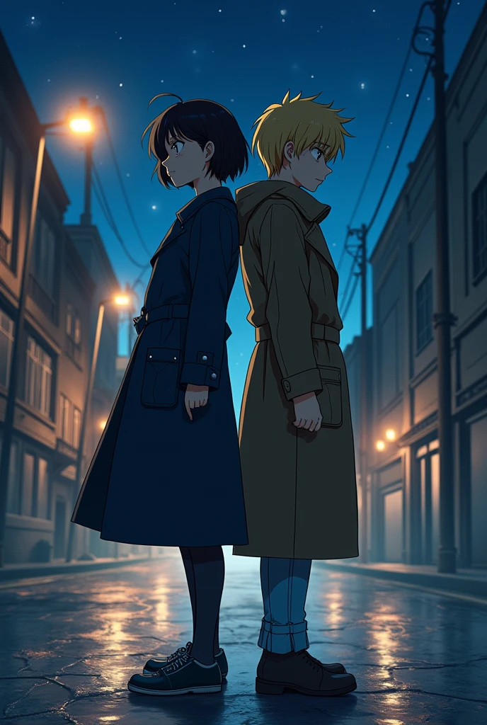 anime woman with short black hair and blonde anime boy with overcoat standing back to back in a street at night