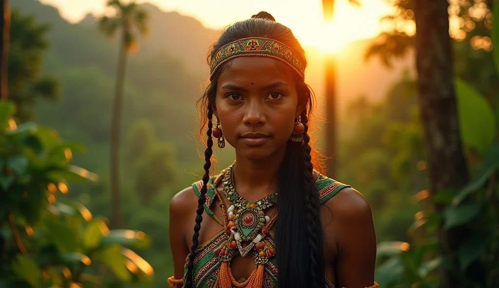 indígena shuar girl, ecuadorian woman, standing in front of a beautiful lush, amazon jungle landscape, vibrant colors, sunrise, masterpiece, hyper realistic, kodak film, nikon zfc camera, sigma art 18mm lens, detailed facial features, intricate clothing, tribal patterns, beautiful natural setting, warm lighting, photorealistic, 8k, high quality