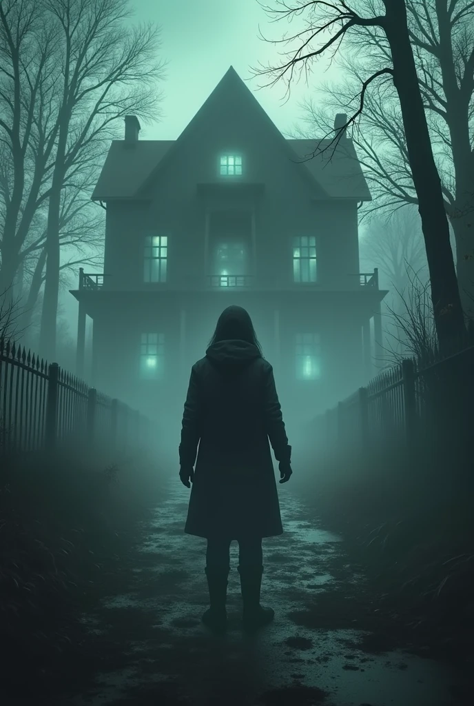 Make a video game cover where the main character has to enter the house haunted by ghosts, I put the character in front and the house behind him