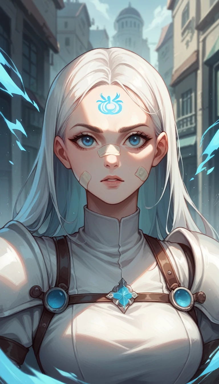 Create a girl with long white hair, with white medieval clothing and a bandage on the forehead, His body is surrounded by cyan blue electrical energy ANIME VERSION in an underground city. 