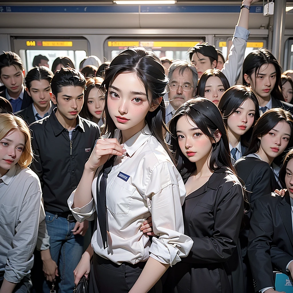 (Crazy behavior: 1.5), 1 person, (Full Body Shot), 1 person, (((OL being molested: 1.5))), (so beautiful), (Beautiful Face: 1.5), The girl has her hands tied behind her back, is crying, (Office Lady Uniform: 1.2), (In a crowded train: 1.5), The man forcefully kisses her, (A man takes off his girlfriend&#39;s skirt: 1.5), (The man hugs her chest: 1.5), (At S.F.W.: 1.1), (((Pussy visible through shirt))), (Moans of pain: 1.3), (Ecstasy: 1.5),