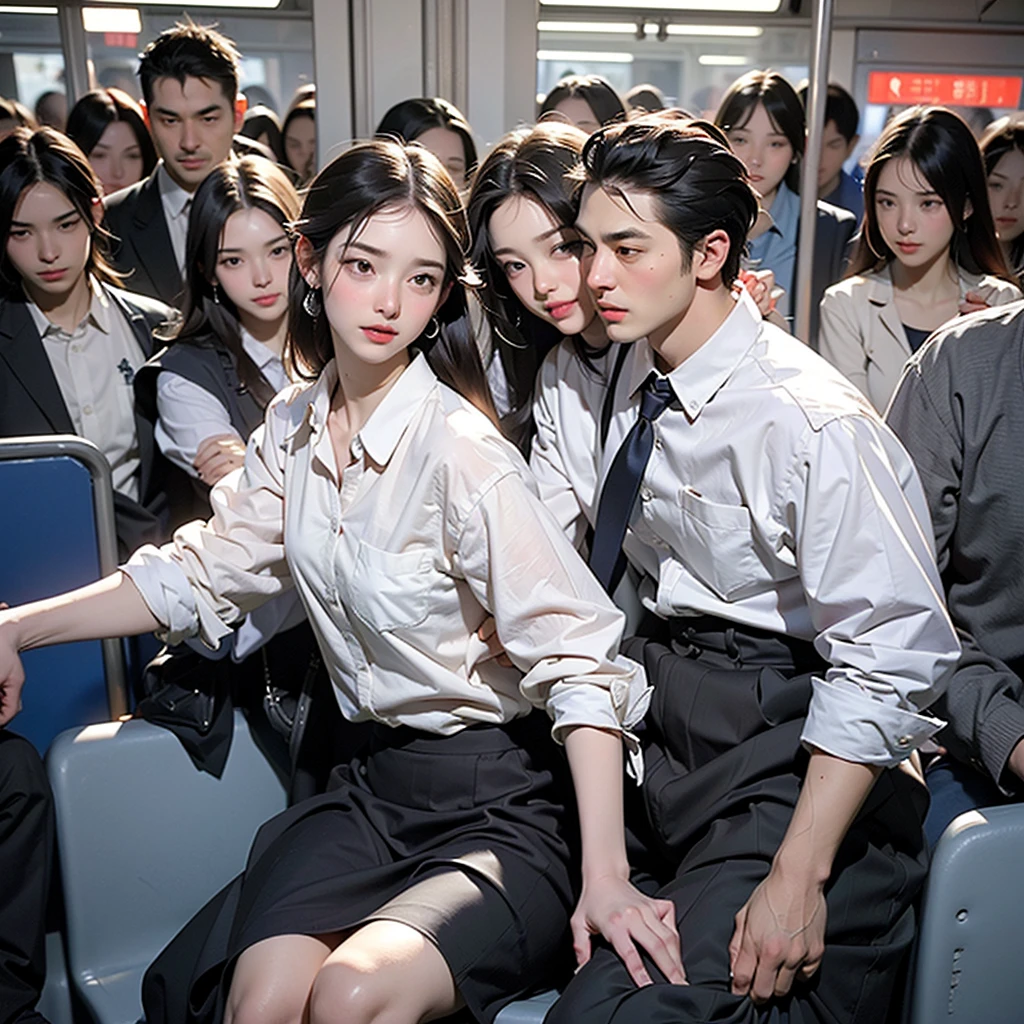 (In 8K、RAW Photos、Highest quality、Realistic、Photorealistic、Professional Lighting、masterpiece、Very delicate and beautiful、Very detailed、finely、Very detailedな、High resolution、Full Shot)、software、Detailed scenario of a crowded train、1 girl、Beautiful woman(Woman 1)、Hands tied behind back、bondage、She is wearing a white jacket and a white tight mini skirt.、Beautiful Face:1.5、Slim proportions、、(Woman 1)maleを除くすべての乗客:1.5、スーツを着たmale、(Woman 1)Touching the body、elder(Woman 1)Hug from behind、male(Woman 1)Touching the chest、male(Woman 1)Flip up the skirt、Woman 1は泣いている、Tears、Draw in clear detail whose はぁnd it is