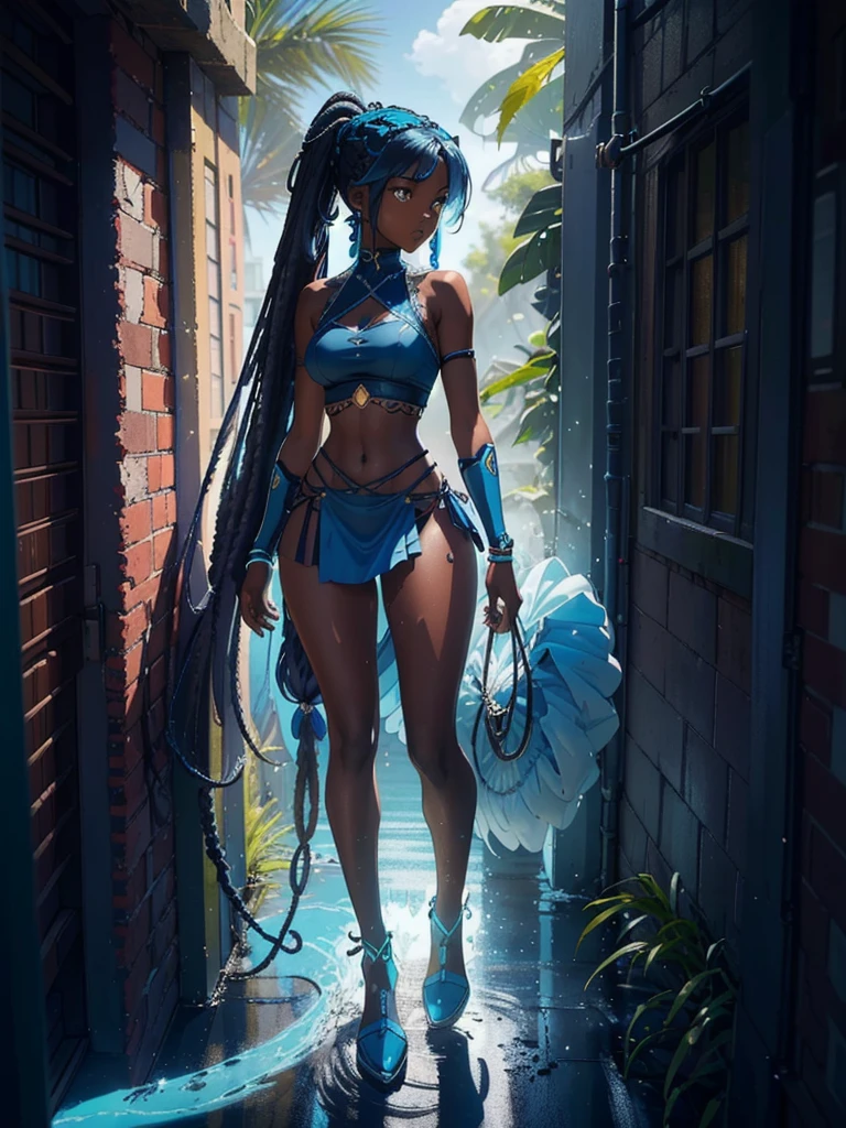 ((best quality)), ((4k)), ((highres)), ((masterpiece:1.2)). ((detailed)), ((ultra realistic)), ((intricate details)), ((full body picture)), ((character design sheet)), ((blank background)), a full body picture of a beautifull ebony female, young black woman, african princess, african model, perfect face, gorgeous face, detailed eyes, detailed lips, ((vivid blue eyes)), about 1, about 5'5 ft. tall, long thin dreadlocks, ((emphasis on her long thin dreadlocks)), dreadlock beads ((emphasis on her dreadlock beads)), athletic body, dressed in a sleeveless blue tank top and a floaty blue ruffle mini skirt ((emphasis on her sleeveless blue tank top and a floaty blue ruffle mini skirt)), midriff, dark blue and light blue outfit, ((emphasis on dark blue and light blue outfit)), multi-colored outfit, ((emphasis on multi-colored outfit)), multiple shades of blue dress, ((emphasis on her multiple shades of blue dress)), turquoise outfit, blue boots, princess, african sea goddess character concept, superhero character, superhero concept art, superhero character concept art, full body, full body concept art, full body art, splashes of water in the background