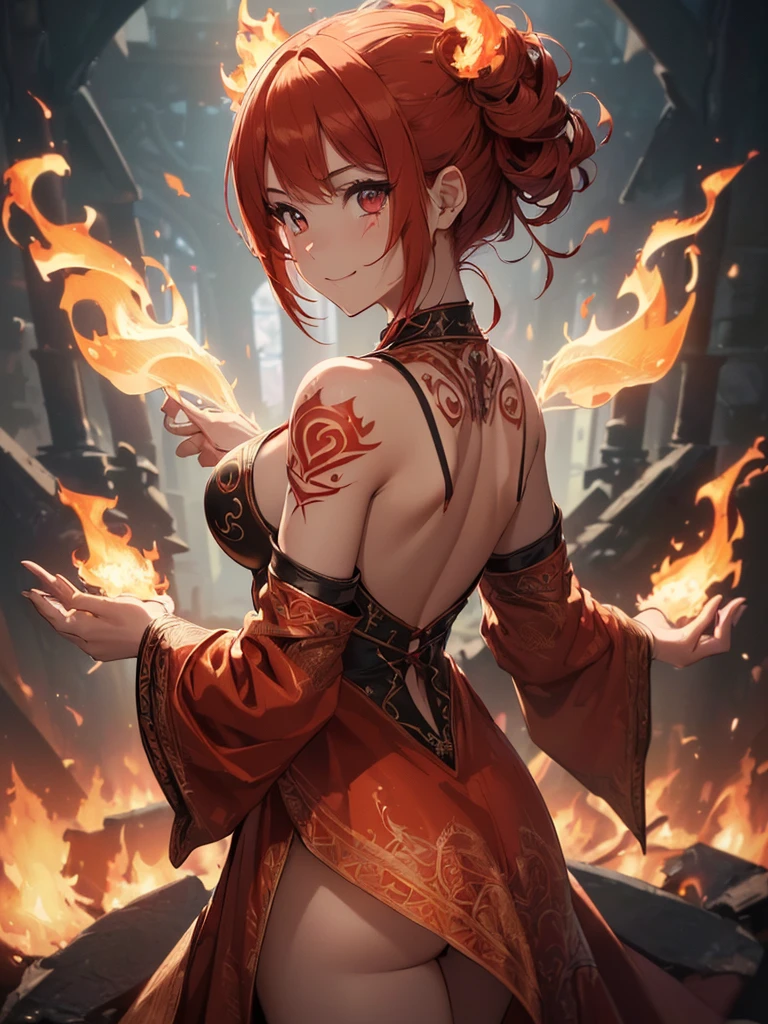 (((best quality, sharp image, clear image, cinematic lighting, 8k resolution, masterpiece, ultra detailed, intricate))) Girl, ((shot from behind)), ((close up)), look at viewer, fire mage, ((intricate background)), ((chaotic background)), red hair, smiling, ((flame runes, flame sigils)), (tatoo on back), slim figure, flying sigils, long dress, cute