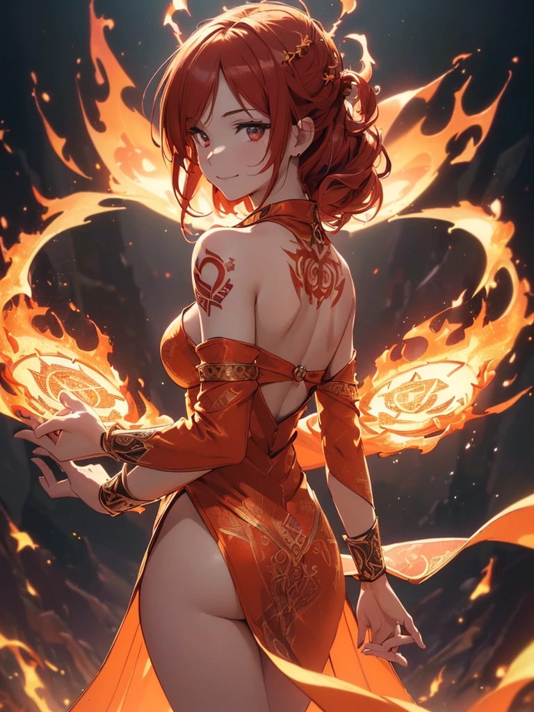 (((best quality, sharp image, clear image, cinematic lighting, 8k resolution, masterpiece, ultra detailed, intricate))) Girl, ((shot from behind)), ((close up)), look at viewer, fire mage, ((intricate background)), ((chaotic background)), red hair, smiling, ((flame runes, flame sigils)), (tatoo on back), slim figure, flying sigils, long dress, cute