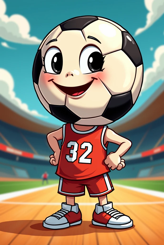 Drawing of a soccer ball wearing a basketball shirt in a cartoon style
