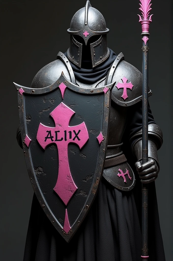 Photo
Un set bouclier haume et lance de combat.
Le tout en métal peint en noir avec des trace d'usure. Les motifs sont en rose.
Au centre du bouclier il y a le nom Alix écrit en lettres gothique.
Sur le haume il y a un symbole de licorne