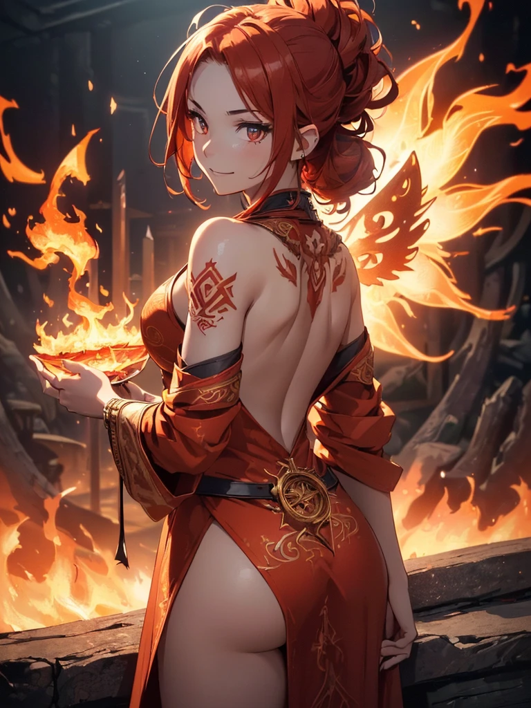 (((best quality, sharp image, clear image, cinematic lighting, 8k resolution, masterpiece, ultra detailed, intricate))) Girl, ((shot from behind)), ((close up)), look at viewer, fire mage, ((intricate background)), ((chaotic background)), red hair, smiling, ((flame runes, flame sigils)), (tatoo on back), slim figure, flying sigils, long dress, cute