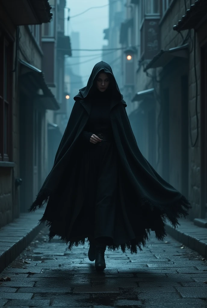In the narrow, dark alleys of the city, where the moonlight can barely penetrate, She walked with firm and determined steps..
Her black cloak wrapped around her like a shield against the icy night winds., and his eyes were alert for any suspicious movement in the shadows