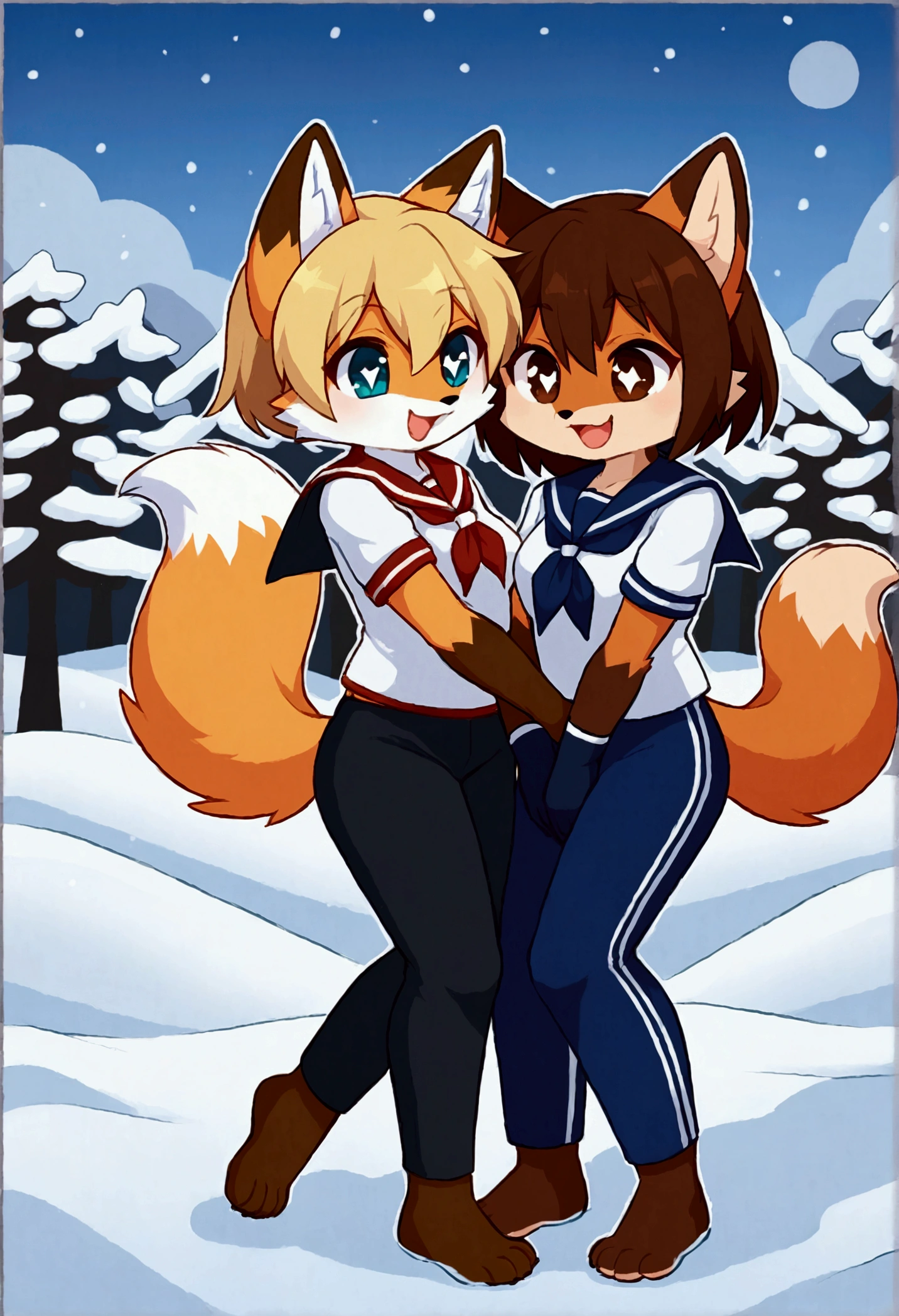 2girls, fox and tanuki, furry, bodyfur, tail, sailor suit, short sleeves, jersey pants, long pants, gloves, barefoot, chibi, sparkling eyes, happy, full body, hand between legs, snow