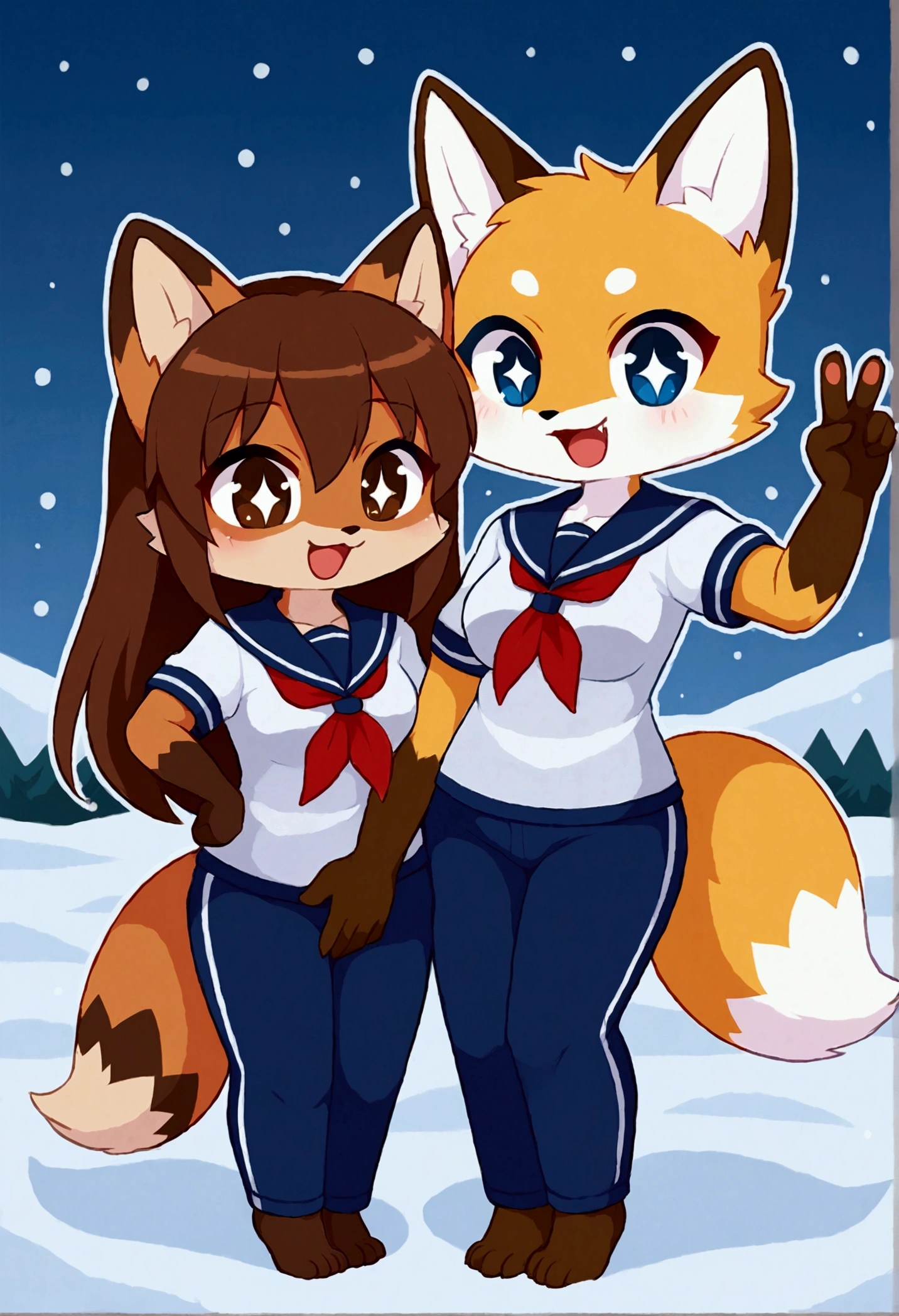 2girls, fox and tanuki, furry, bodyfur, tail, sailor suit, short sleeves, jersey pants, long pants, gloves, barefoot, chibi, sparkling eyes, happy, full body, hand between legs, snow