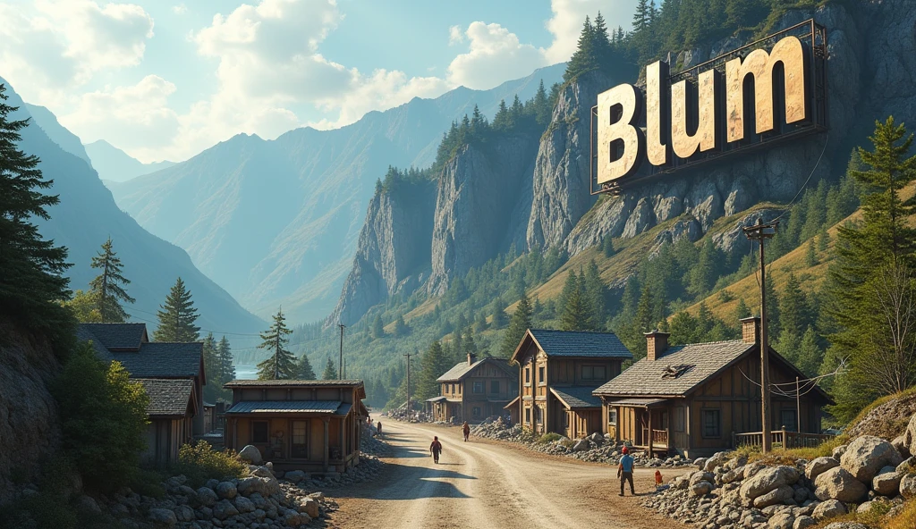  The village is small 100 people in it there is construction in the mountains The word Blum is like Hollywood but the word BLUM is huge and next to it the word @dragonscryptochat written on the mountain